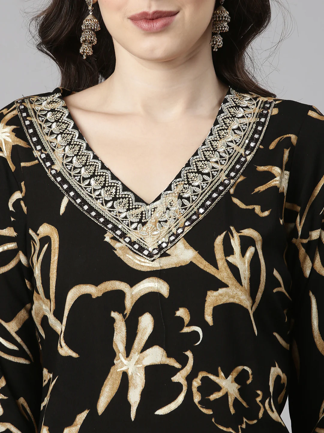 Neerus Black Printed Straight Kurta and Trousers With Dupatta - Image 4