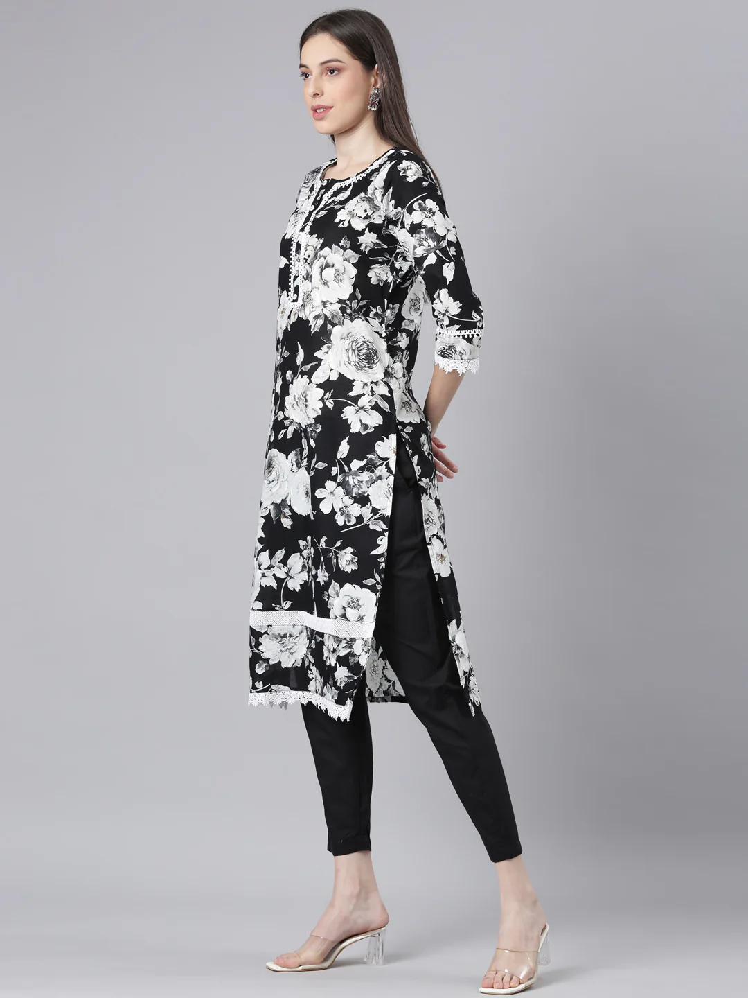 Neerus Black Printed Straight Kurta and Trousers With Dupatta - Image 2