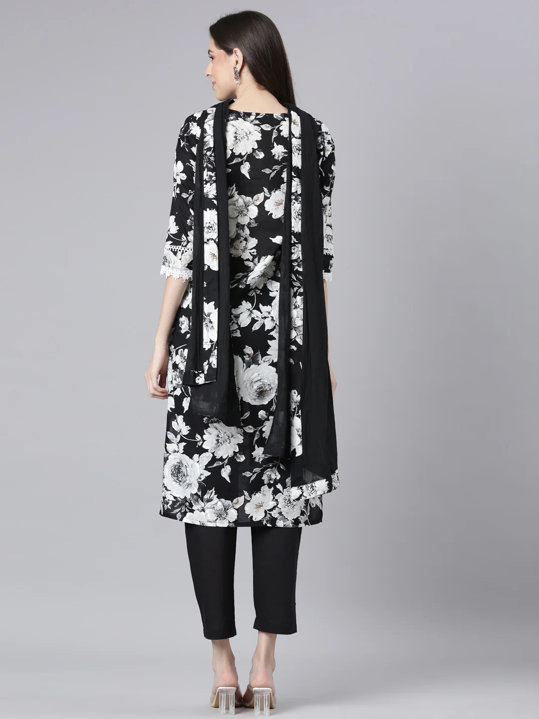 Neerus Black Printed Straight Kurta and Trousers With Dupatta - Image 3