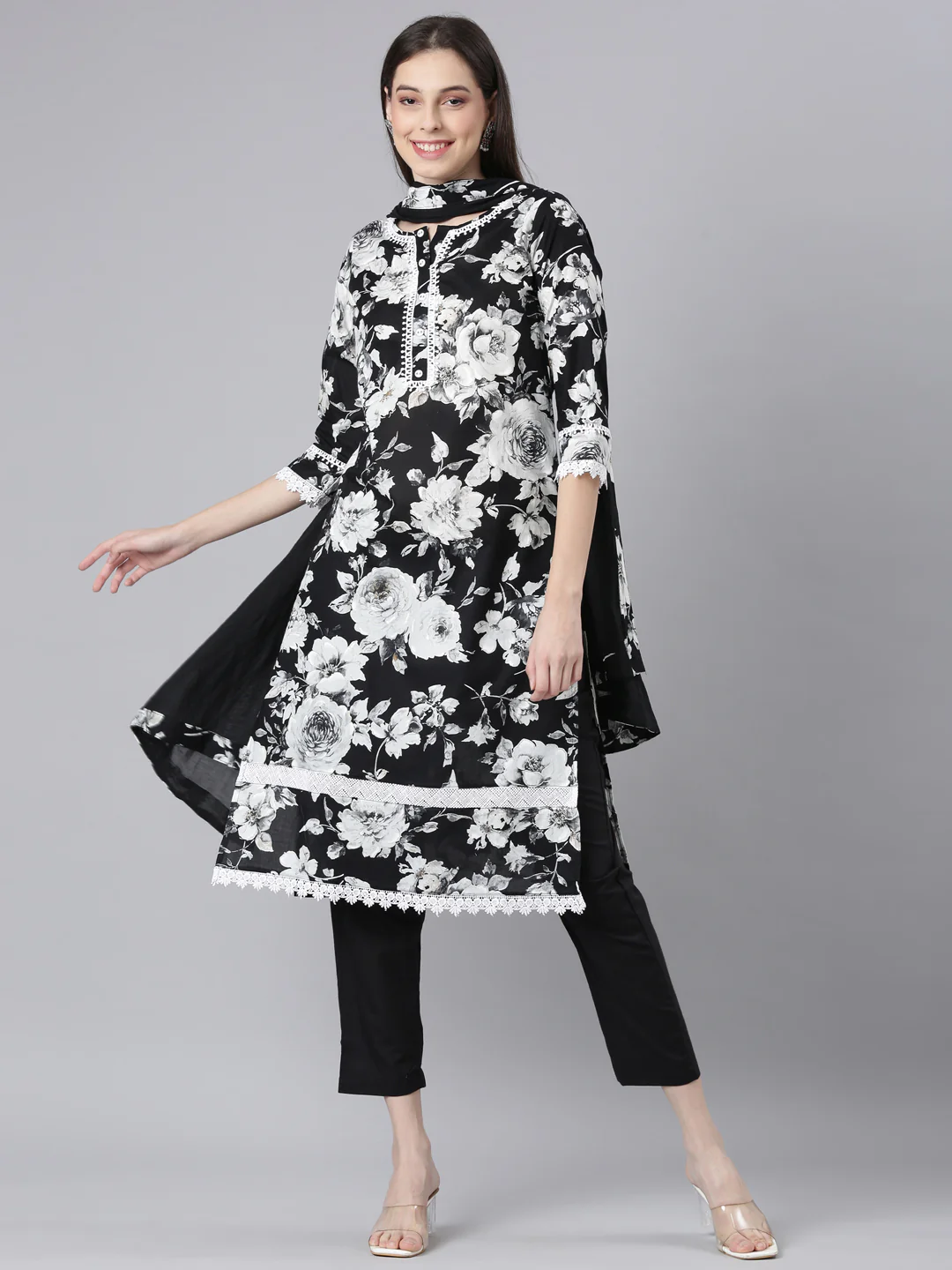Neerus Black Printed Straight Kurta and Trousers With Dupatta - Image 5