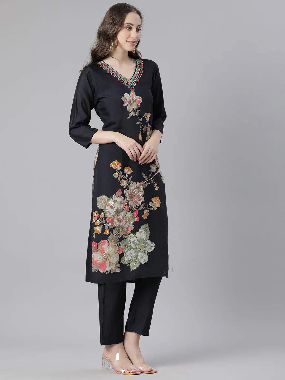 Neerus Black Printed Straight Kurta and Trousers With Dupatta - Image 2