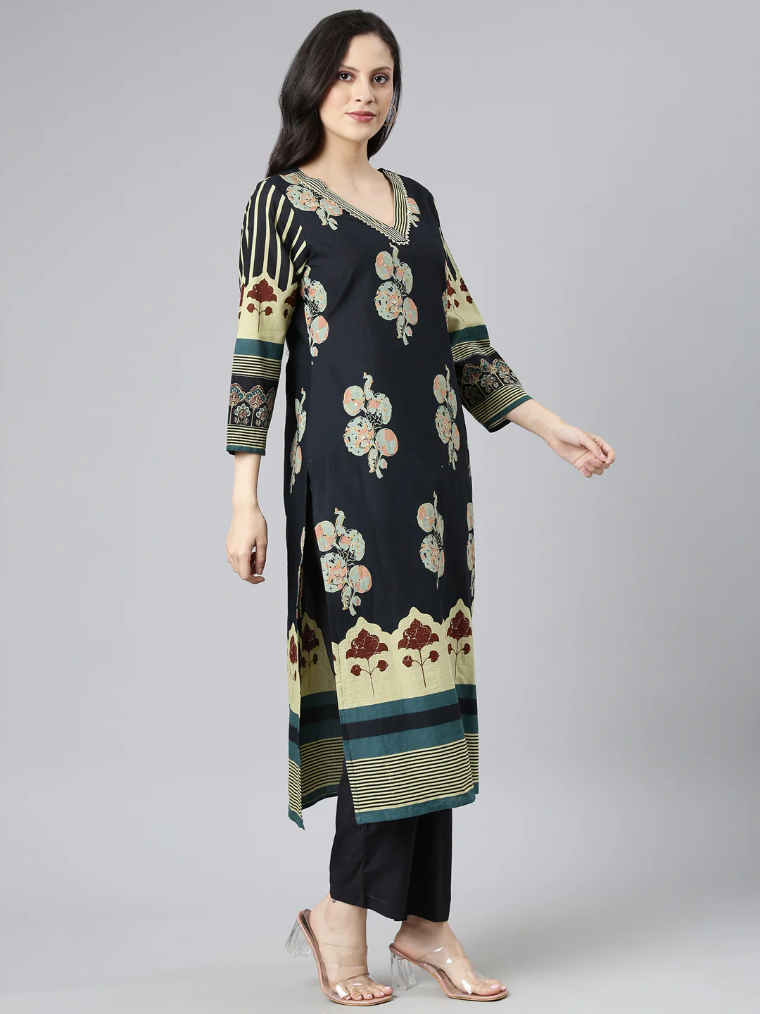 Neerus Black Printed Straight Kurta and Trousers With Dupatta - Image 2