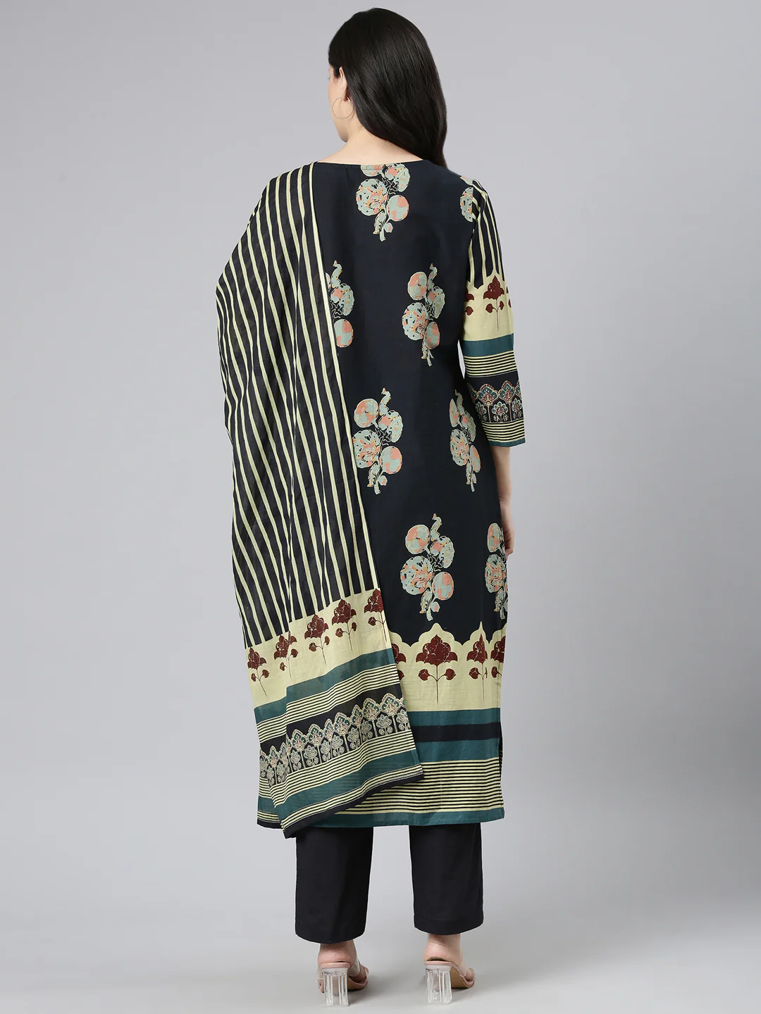 Neerus Black Printed Straight Kurta and Trousers With Dupatta - Image 3