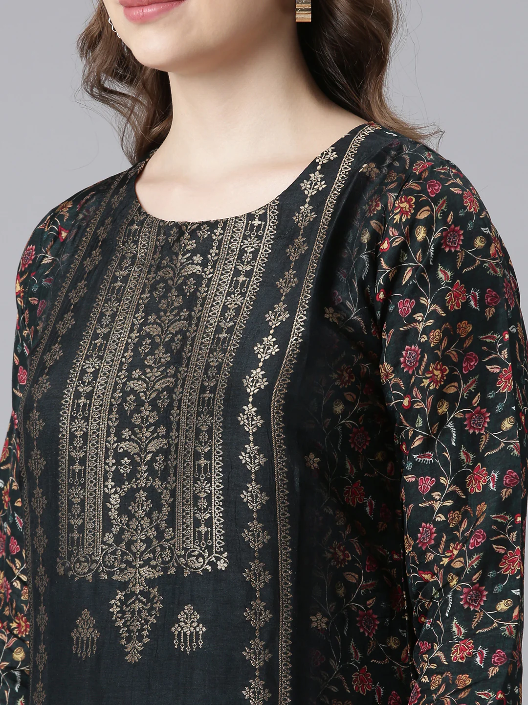 Neerus Black Raw Silk Straight Casual Floral Kurta and Trouser with Dupatta - Image 5