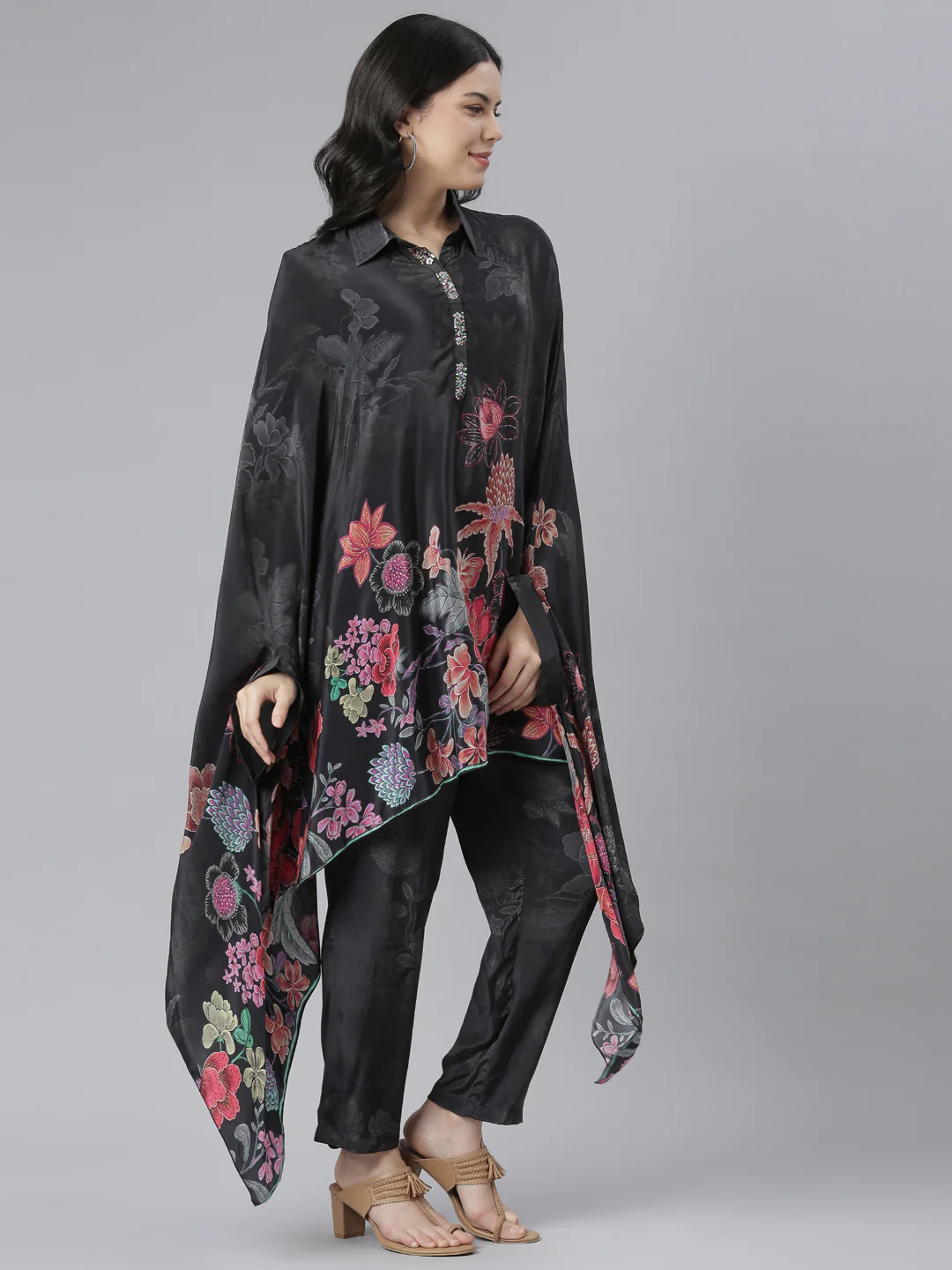 Neerus Black Regular High-Low Floral Kaftan Kurta Trousers - Image 2