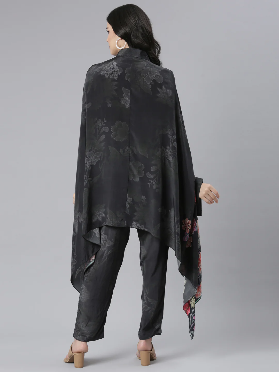 Neerus Black Regular High-Low Floral Kaftan Kurta Trousers - Image 3