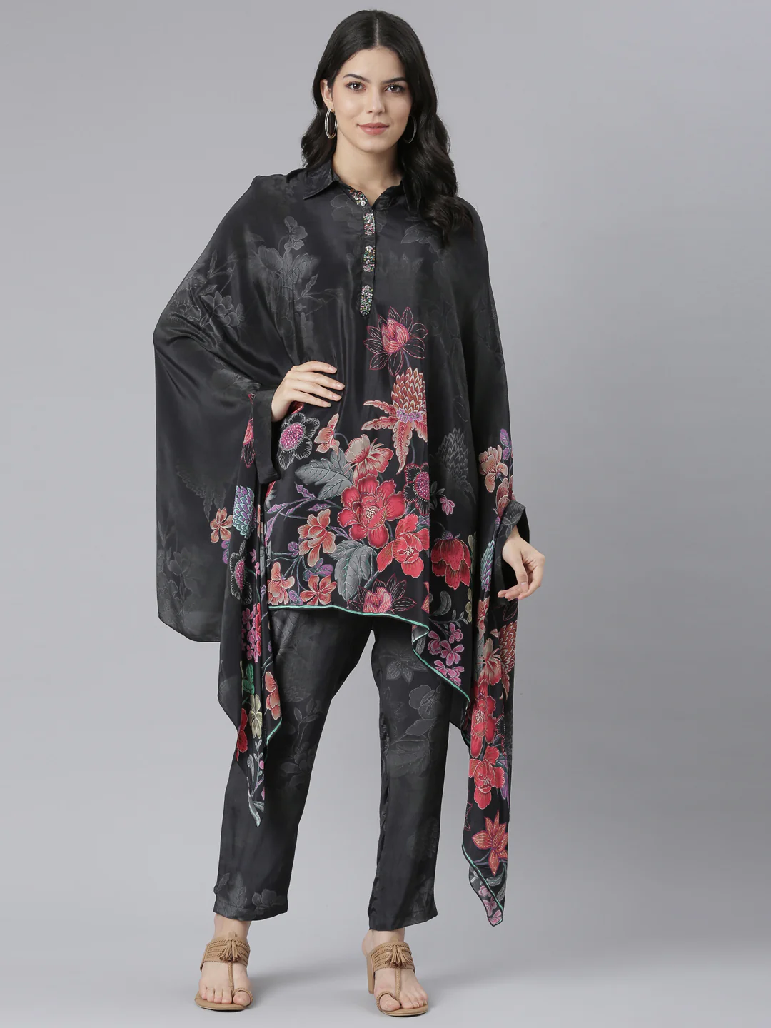 Neerus Black Regular High-Low Floral Kaftan Kurta Trousers - Image 5