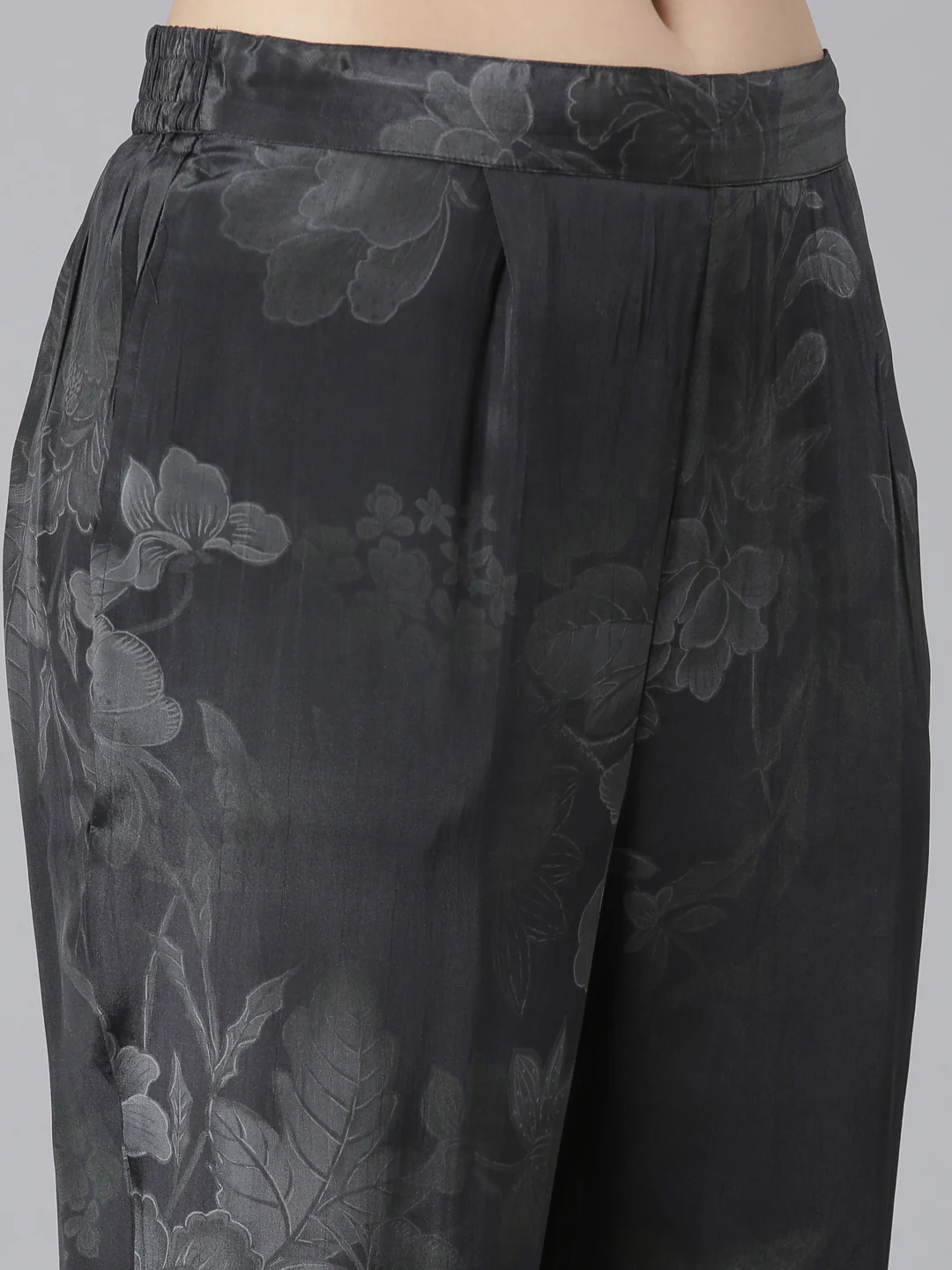 Neerus Black Regular High-Low Floral Kaftan Kurta Trousers - Image 6
