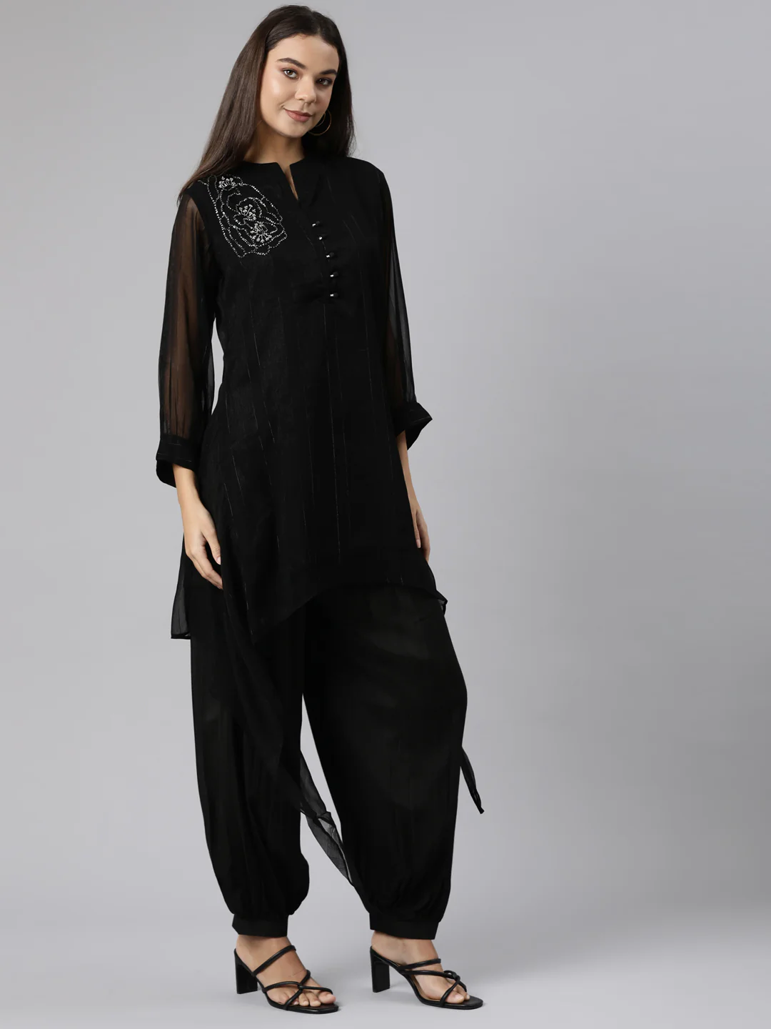 Neerus Black Regular High-Low Solid Kurta And Salwar - Image 2