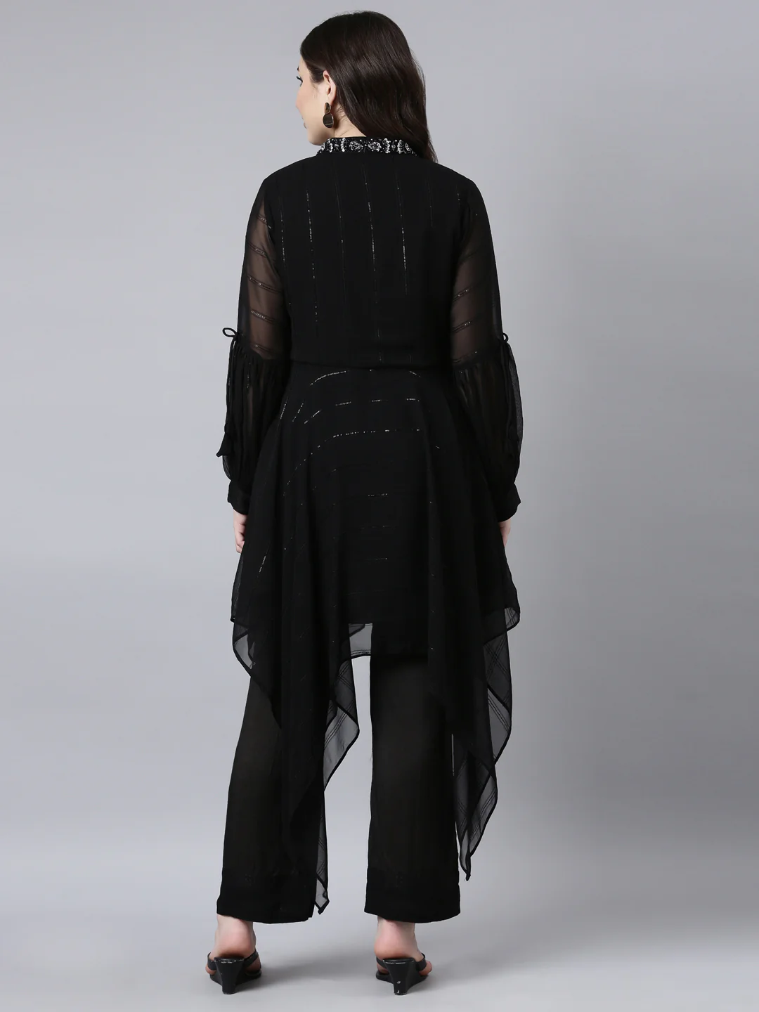 Neerus Black Regular High-Low Solid Kurta And Trousers - Image 3