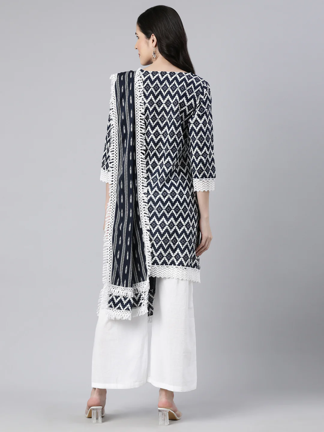 Neerus Black Regular Straight Chevron Kurti And  Palazzos With Dupatta - Image 3
