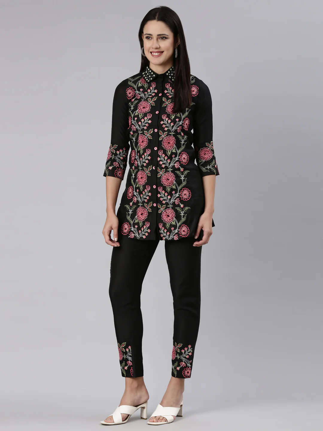 Neerus Black Regular Straight Embroidered Co Ords set - Image 5