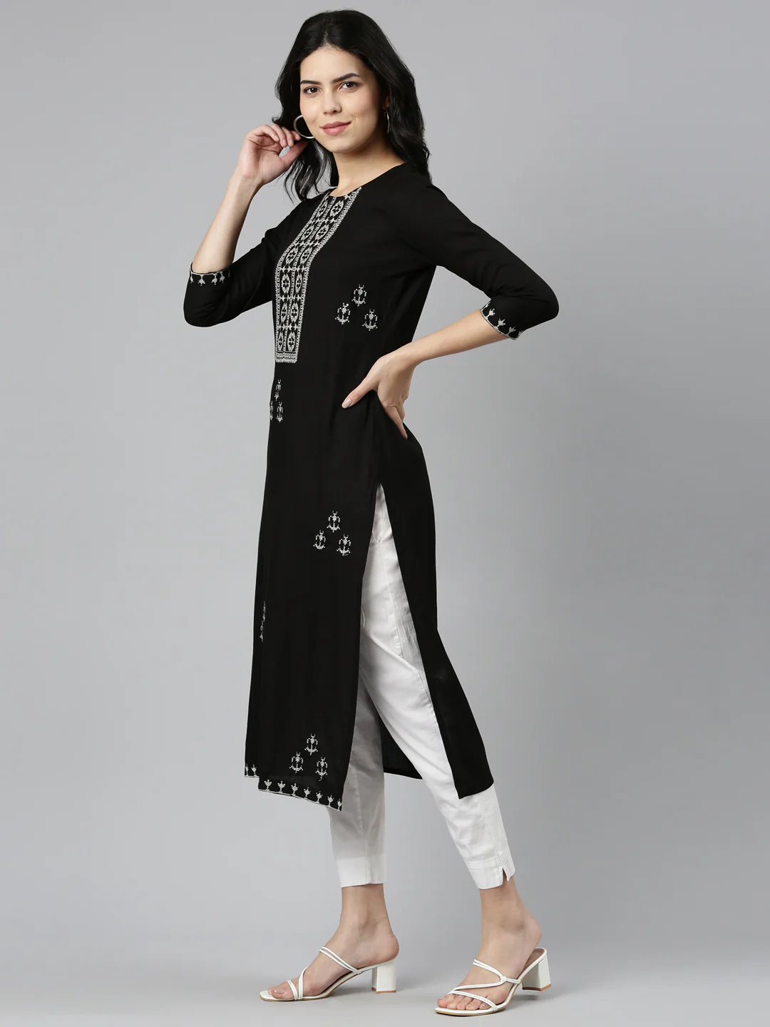 Neerus Black Regular Straight Embroidered Kurta - Image 2