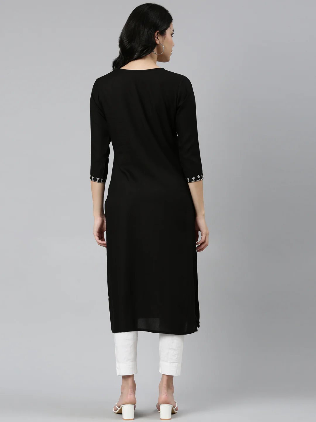 Neerus Black Regular Straight Embroidered Kurta - Image 3