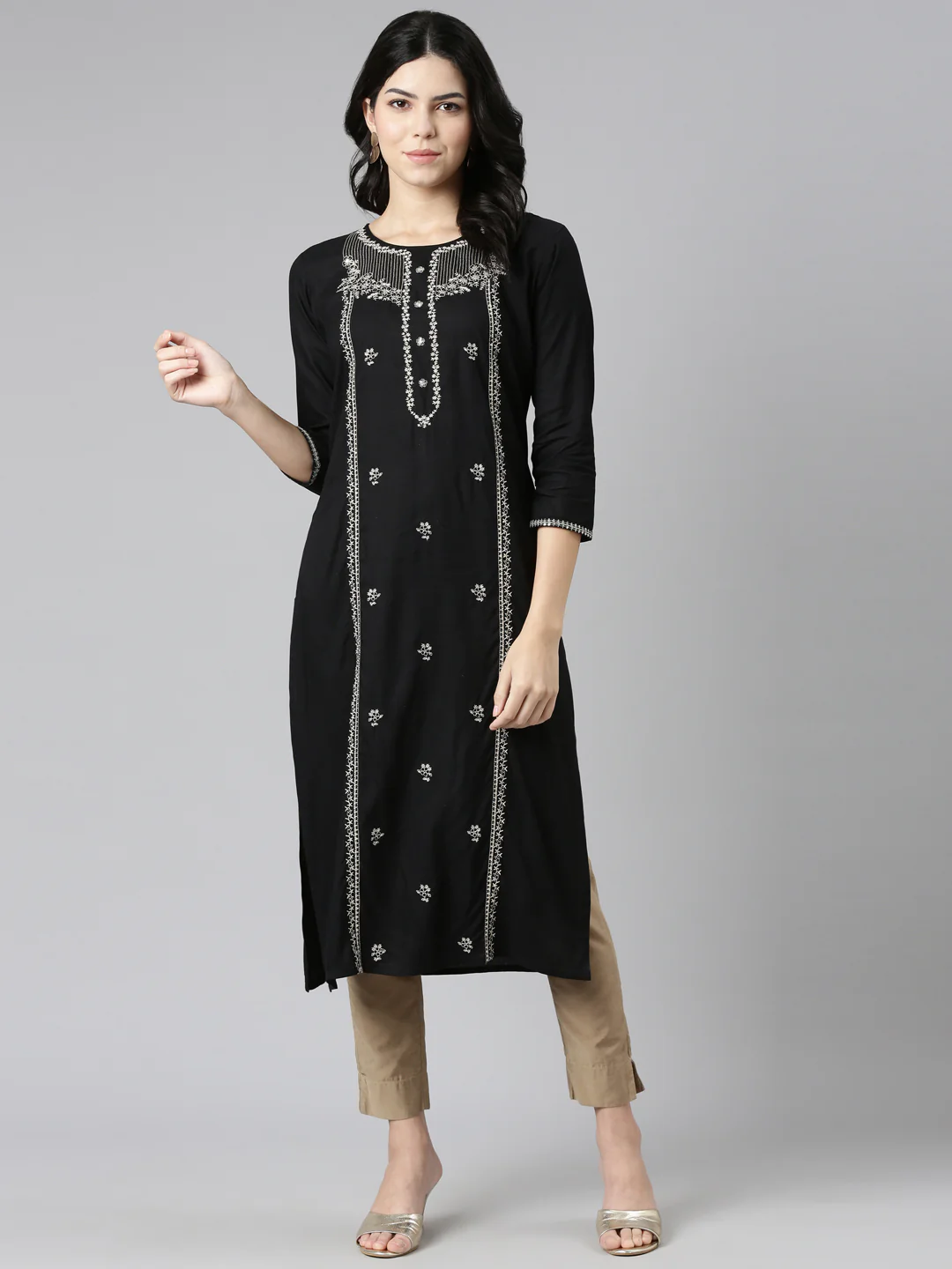 Neerus Black Regular Straight Embroidered Kurta - Image 5