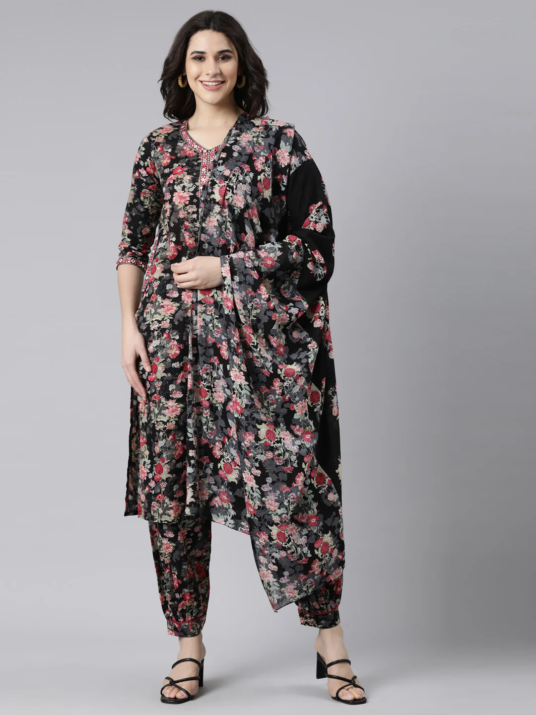 Neerus Black Regular Straight Floral Kurta And Salwar With Dupatta