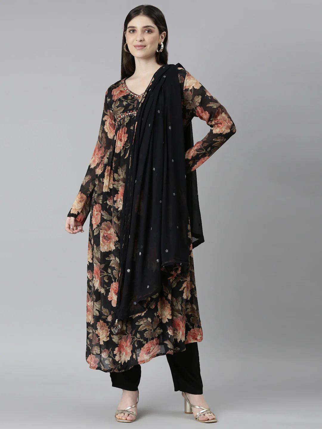 Neerus Black Regular Straight Floral Readymade Suits