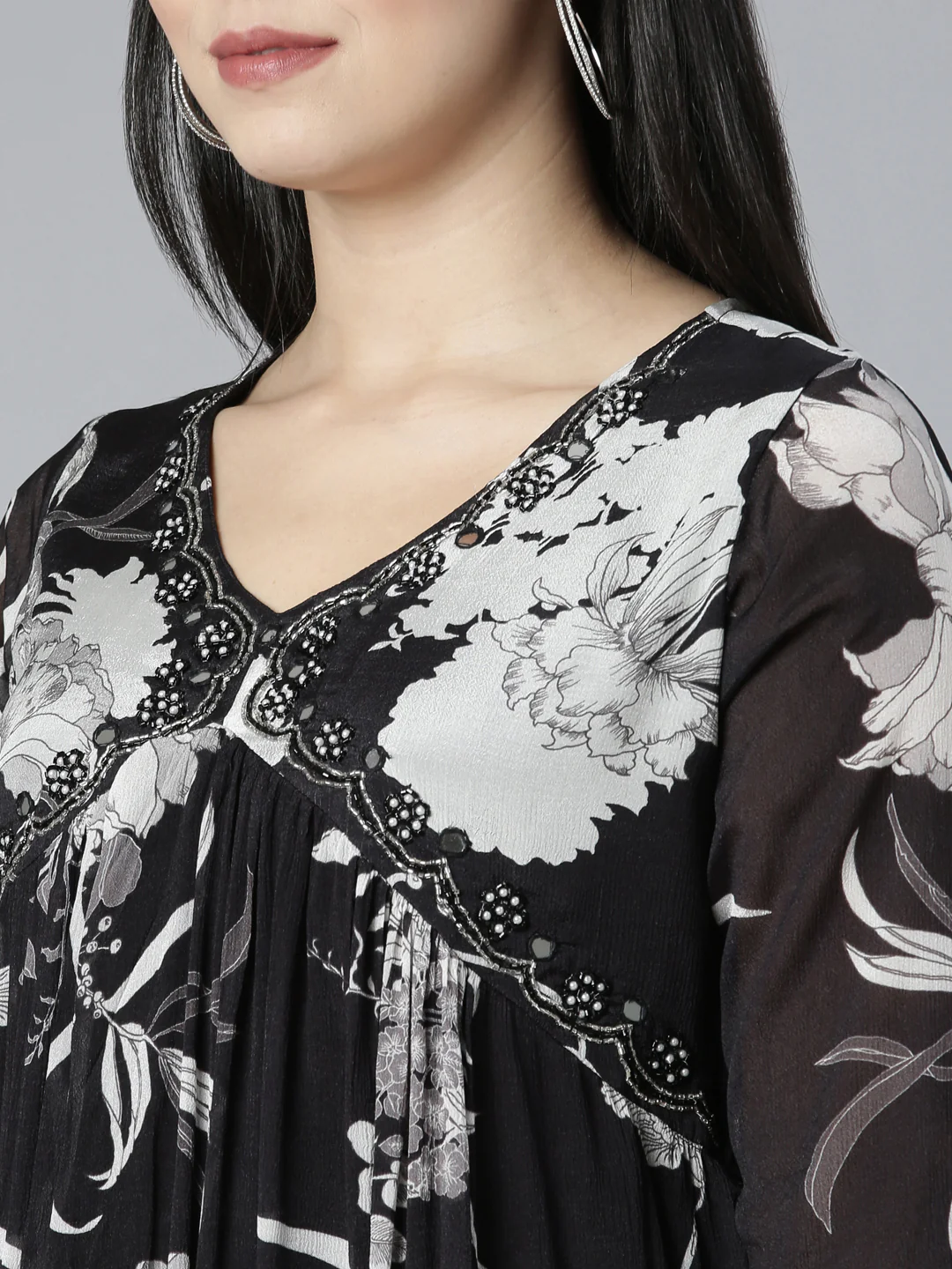 Neerus Black Regular Straight Floral Kurta And Trousers With Dupatta - Image 4
