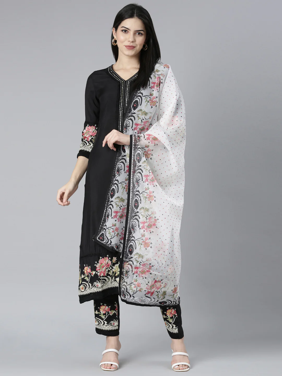 Neerus Black Regular Straight Floral Kurta And Trousers With Dupatta - Image 5