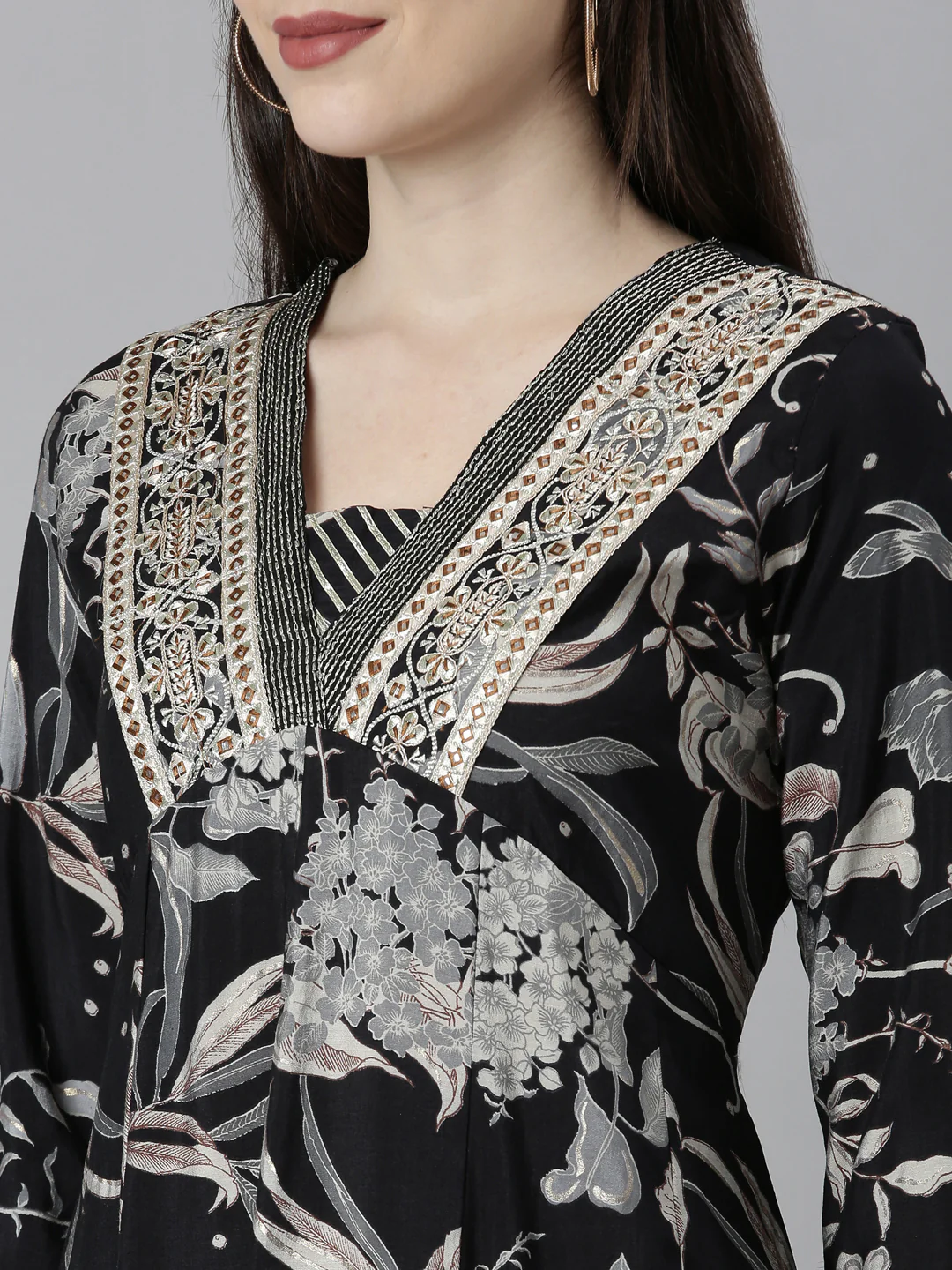 Neerus Black Regular Straight Floral Kurta And Trousers With Dupatta - Image 4