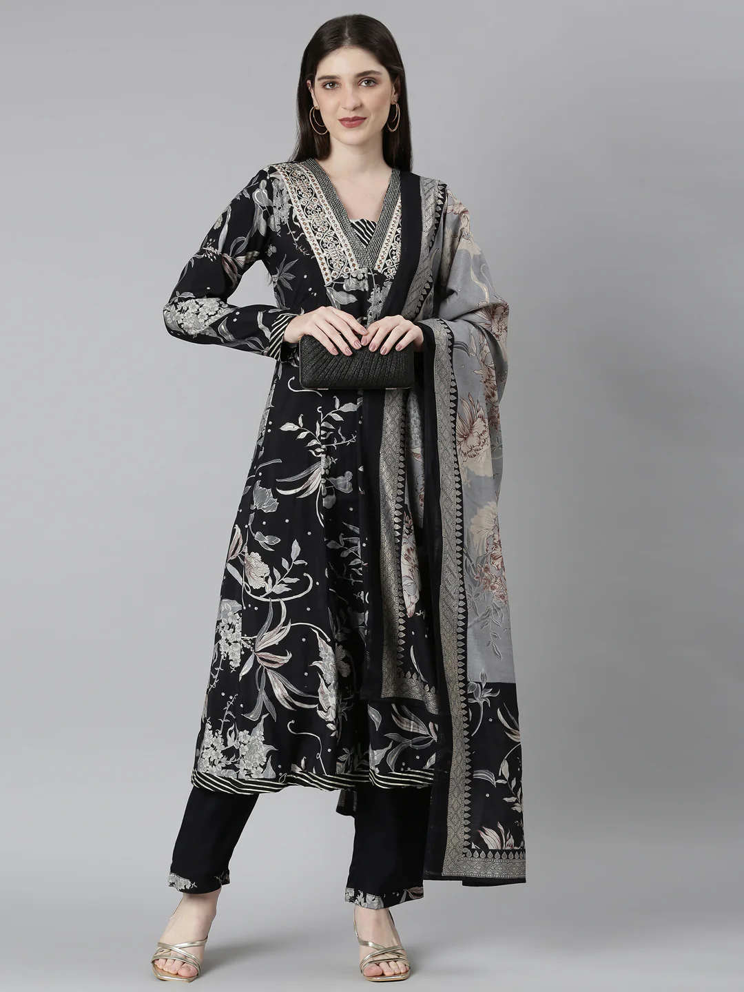 Neerus Black Regular Straight Floral Kurta And Trousers With Dupatta - Image 5