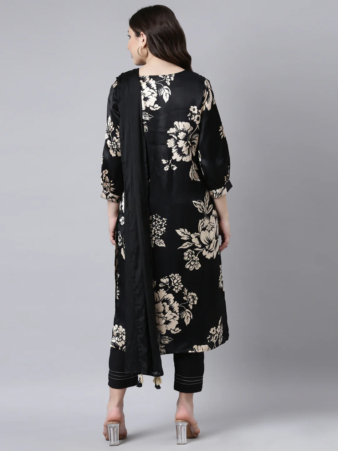 Neerus Black Regular Straight Floral Kurta And Trousers With Dupatta - Image 3