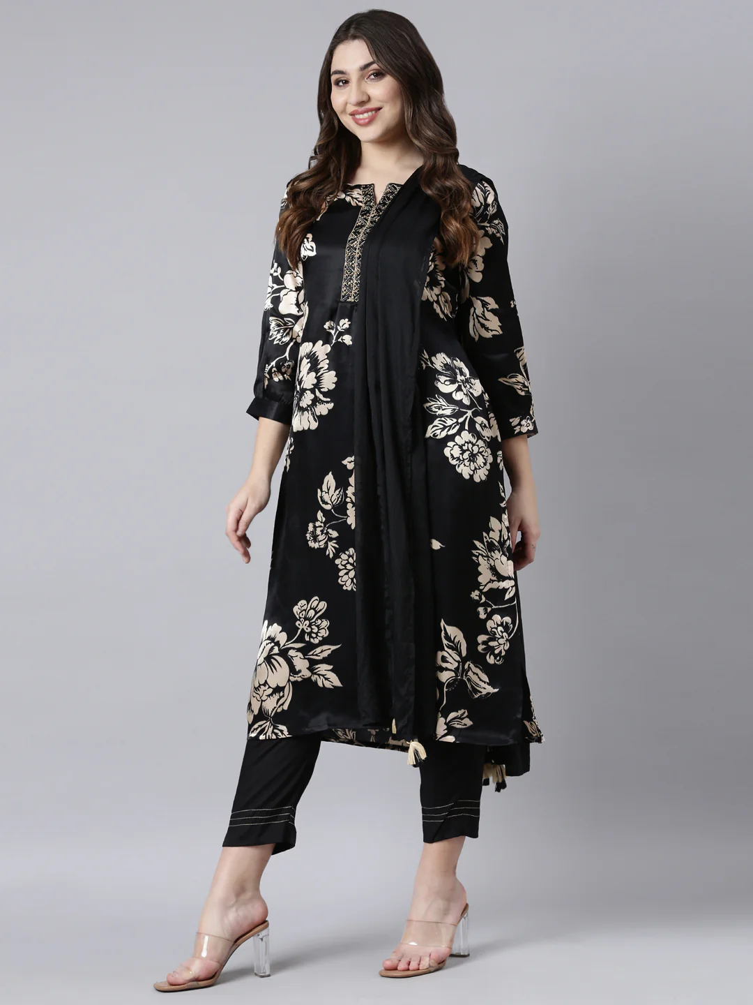 Neerus Black Regular Straight Floral Kurta And Trousers With Dupatta - Image 5