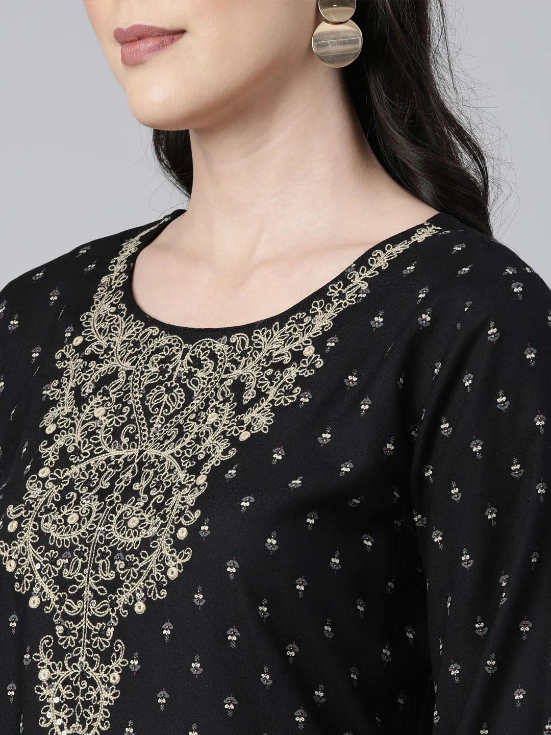 Neerus Black Regular Straight Floral Kurta And Trousers With Dupatta - Image 4