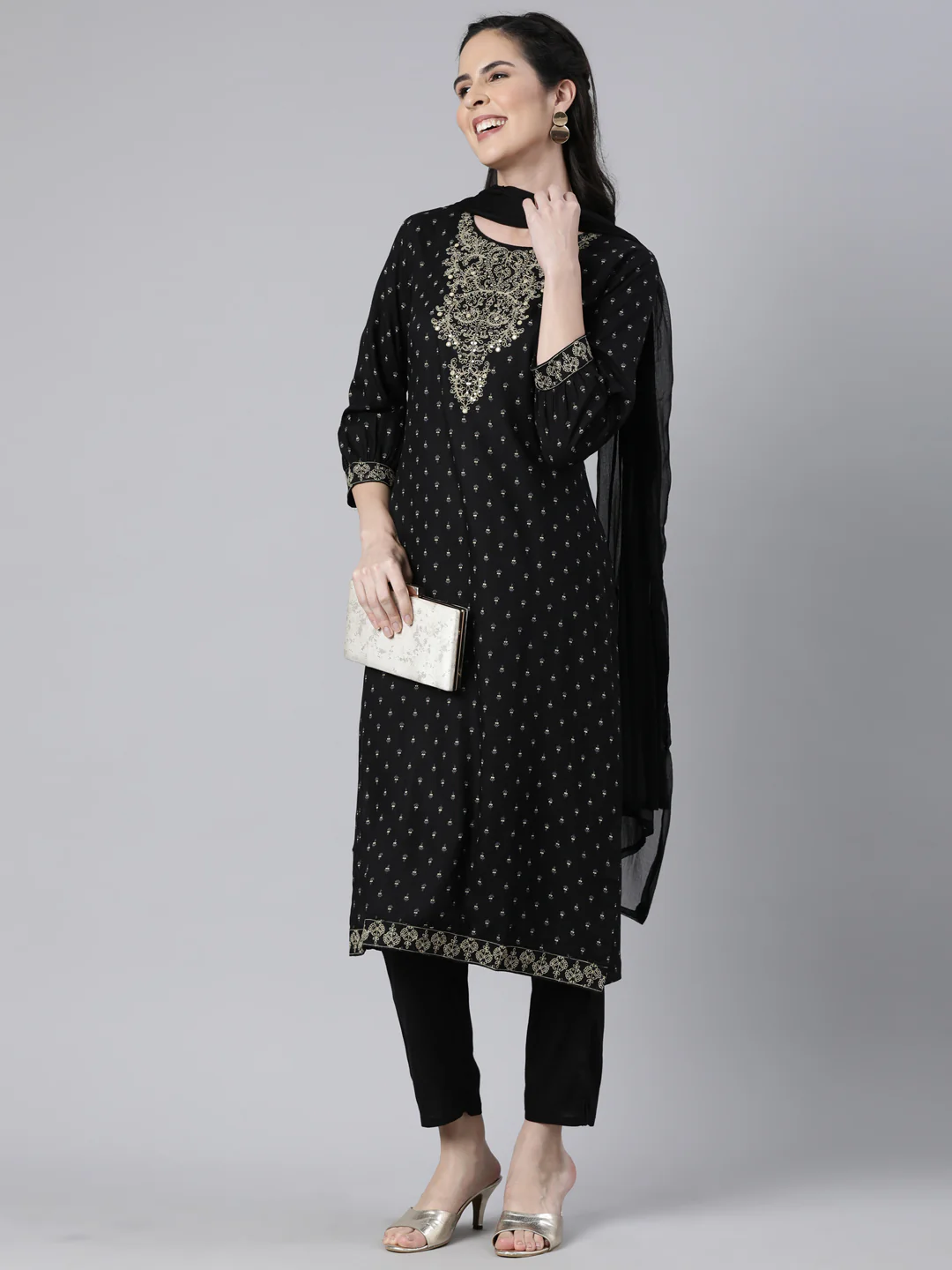 Neerus Black Regular Straight Floral Kurta And Trousers With Dupatta - Image 5