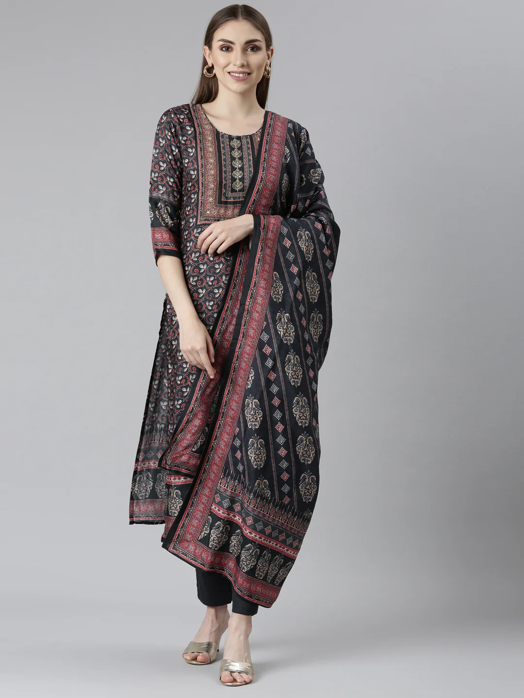 Neerus Black Regular Straight Floral Readymade Suits