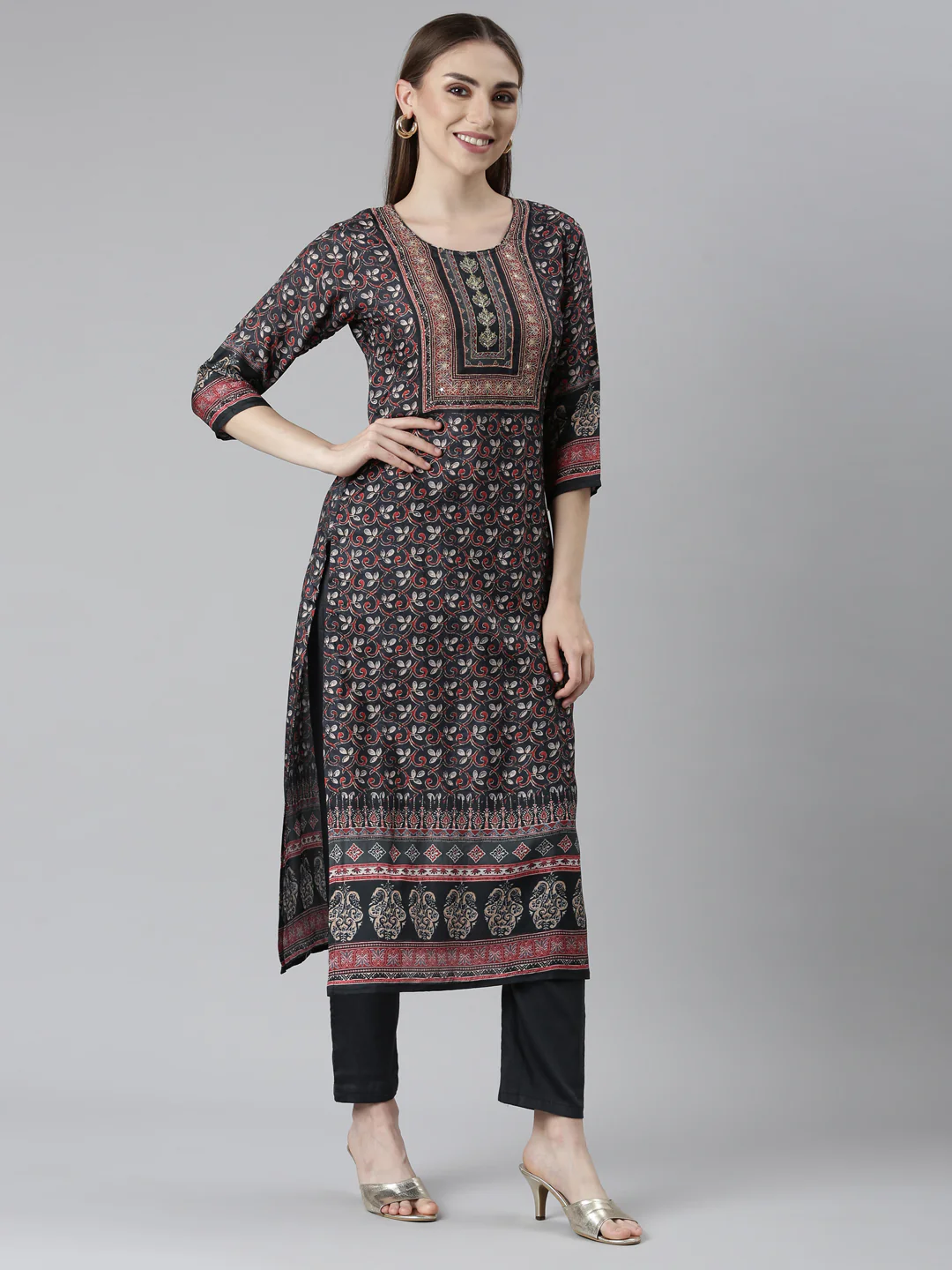 Neerus Black Regular Straight Floral Readymade Suits - Image 2