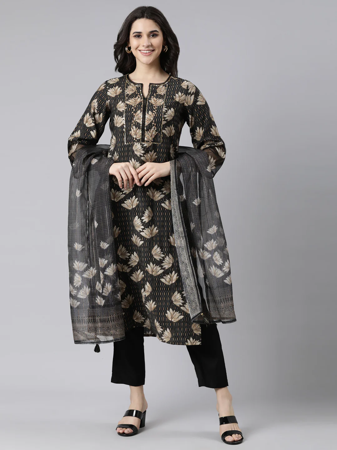 Neerus Black Regular Straight Floral Kurta And Trousers With Dupatta