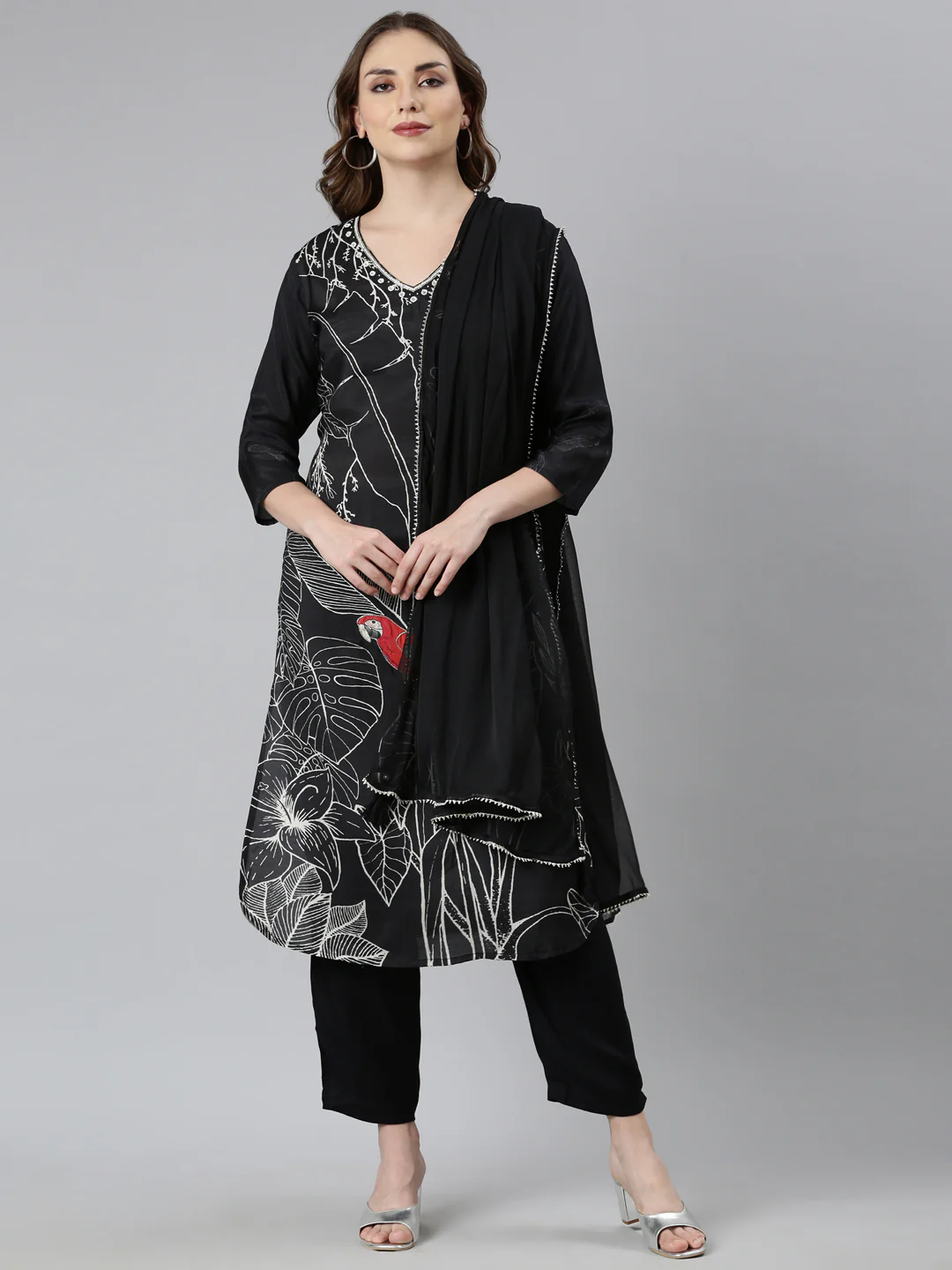 Neerus Black Regular Straight Floral Kurta And Trousers With Dupatta