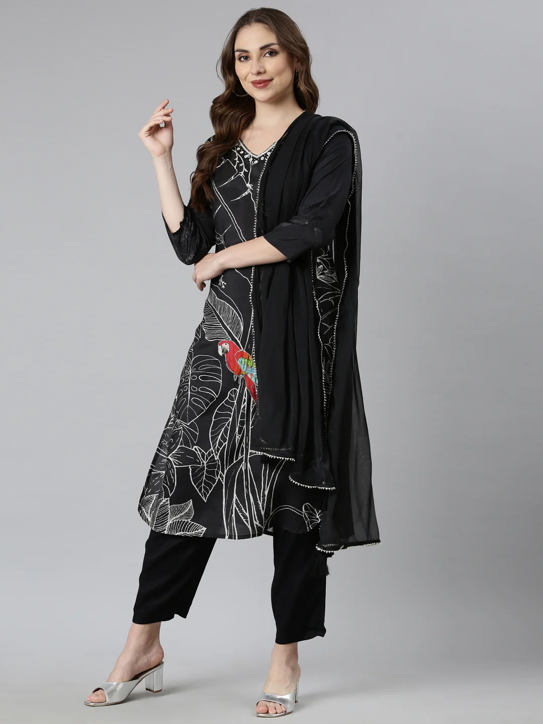Neerus Black Regular Straight Floral Kurta And Trousers With Dupatta - Image 4