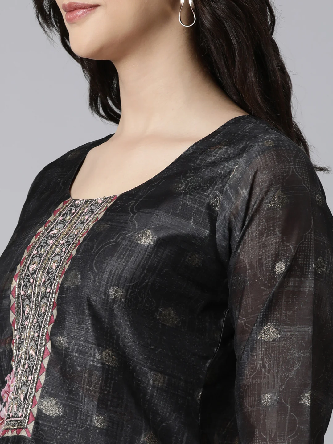 Neerus Black Regular Straight Floral Kurta And Trousers With Dupatta - Image 4