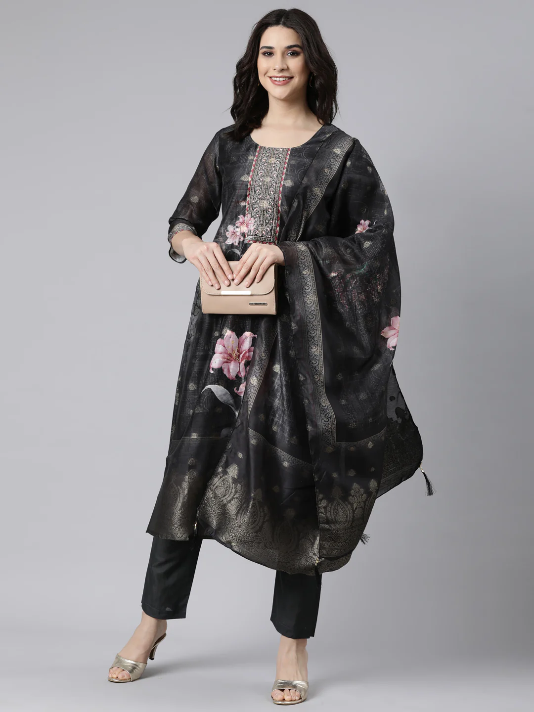 Neerus Black Regular Straight Floral Kurta And Trousers With Dupatta - Image 5