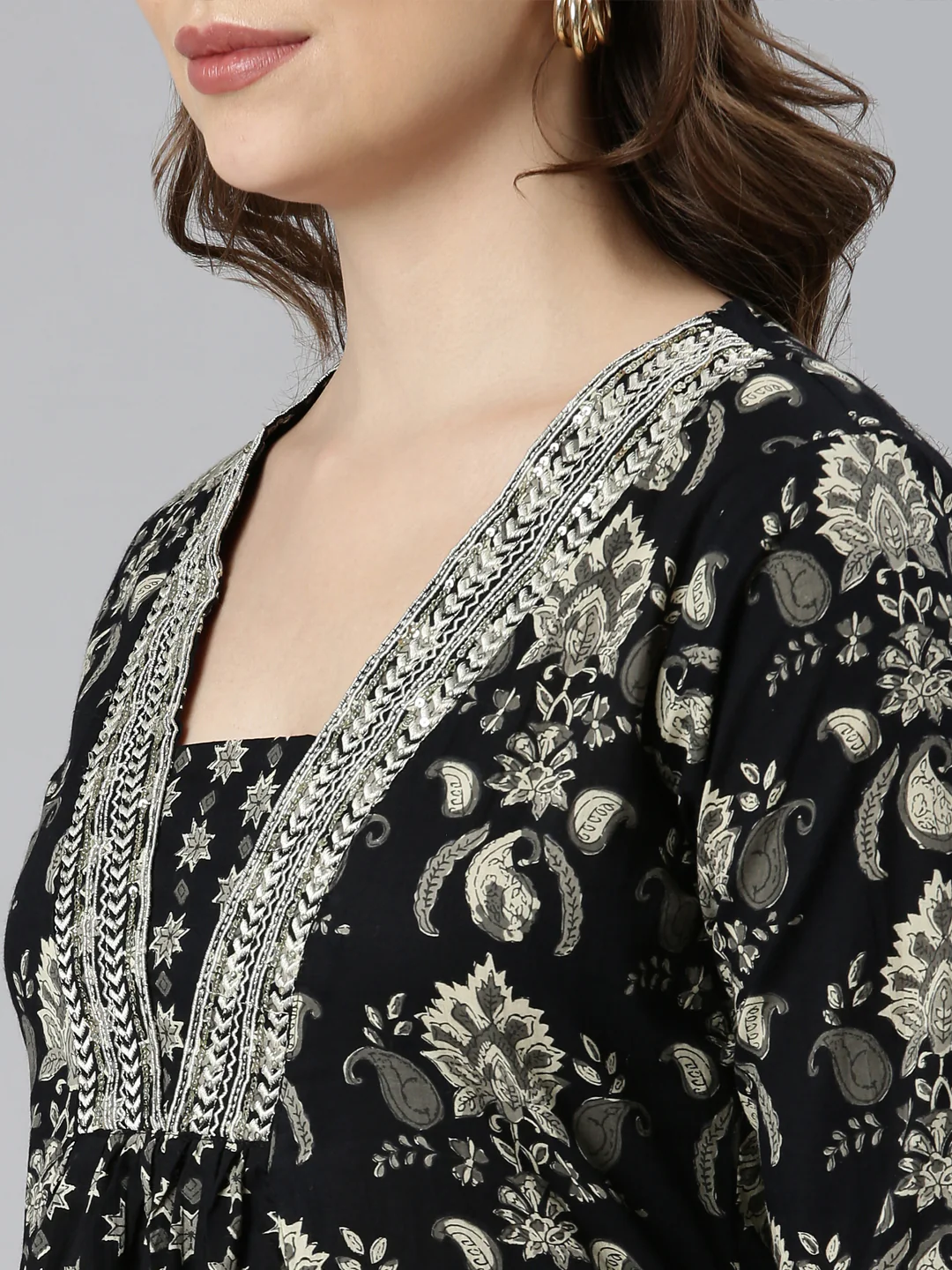 Neerus Black Regular Straight Floral Kurta And Trousers With Dupatta - Image 7