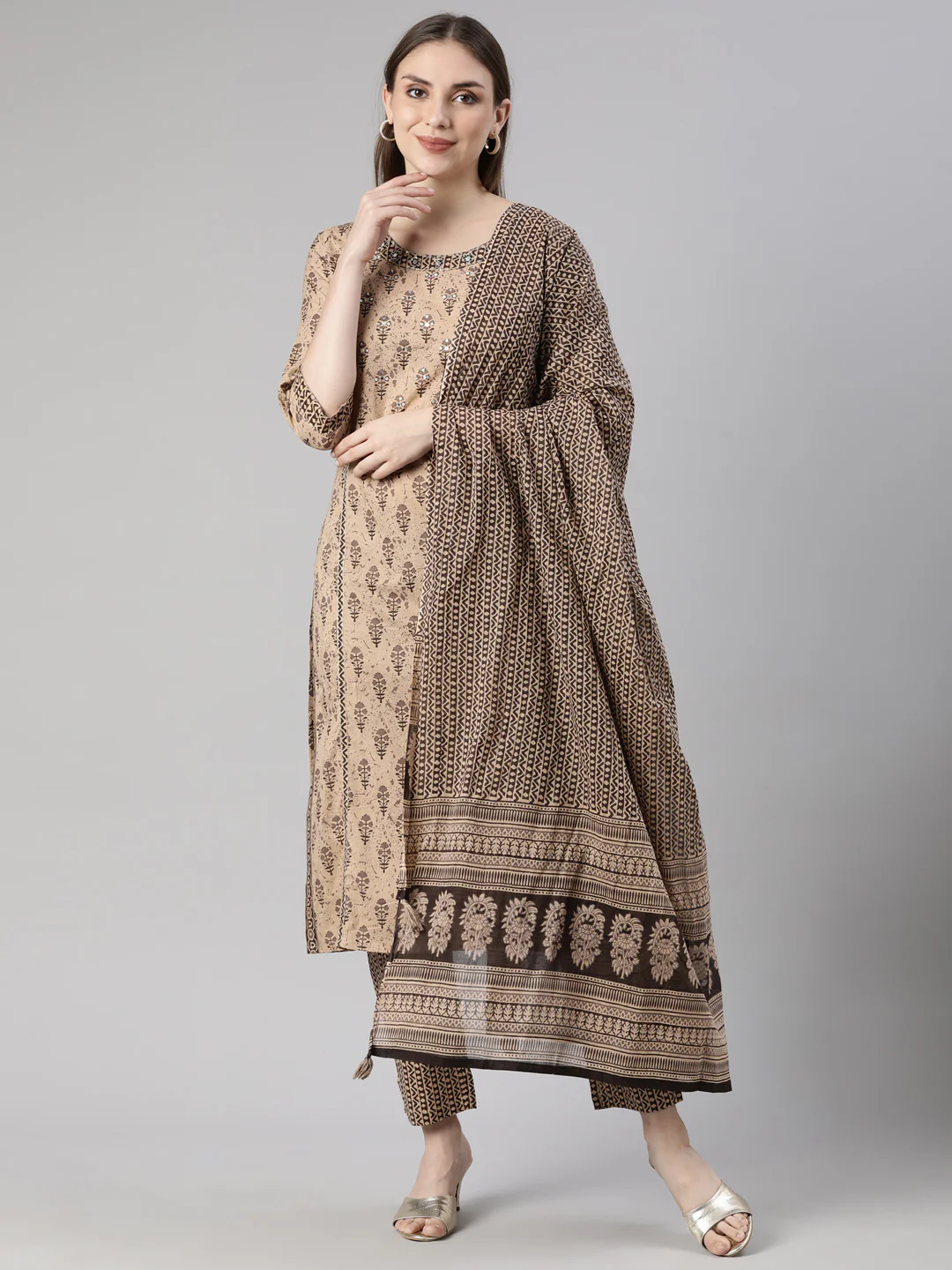 Neerus Black Regular Straight Floral Kurta And Trousers With Dupatta