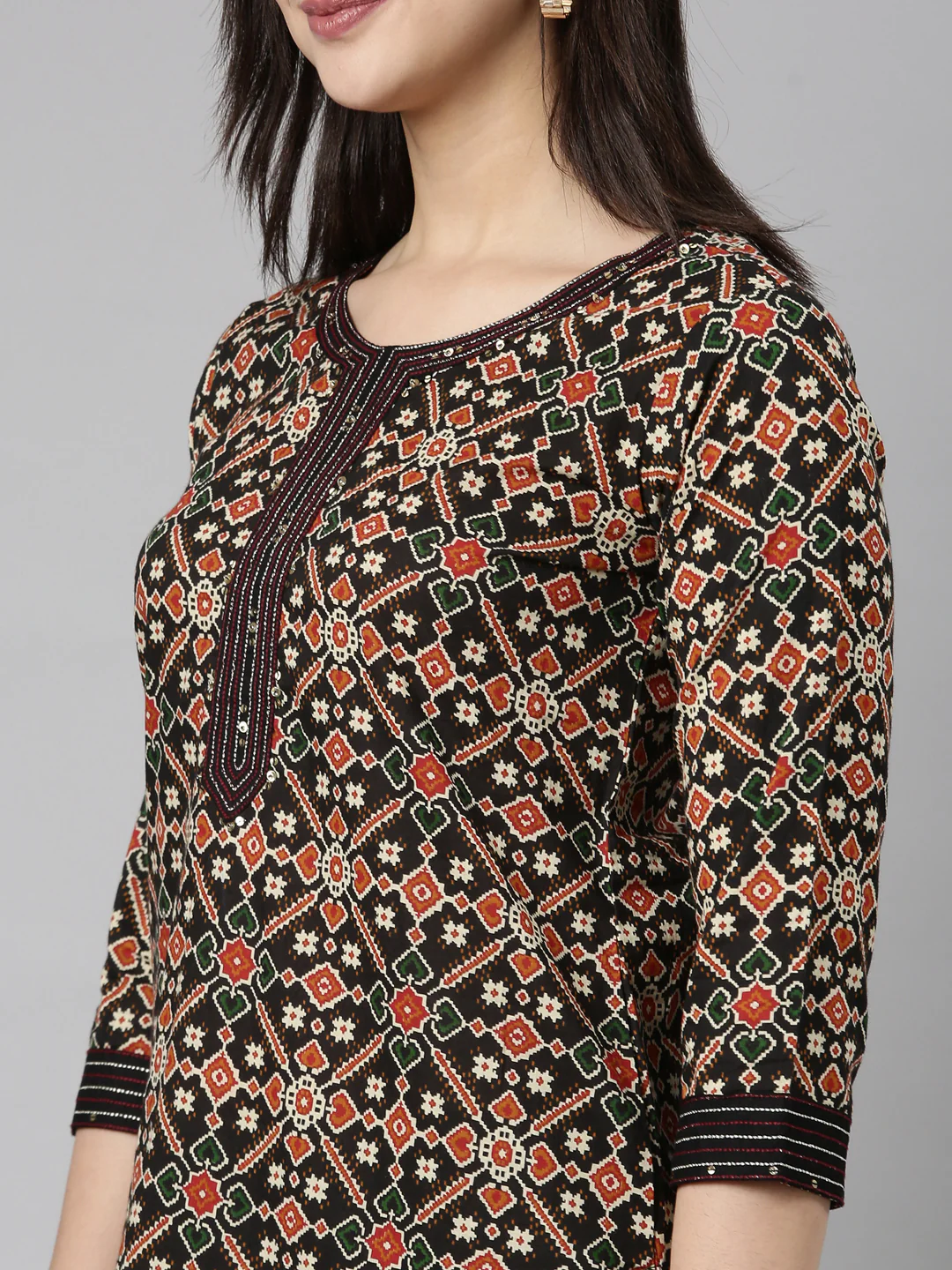 Neerus Black Regular Straight Floral Kurta And Trousers With Dupatta - Image 7