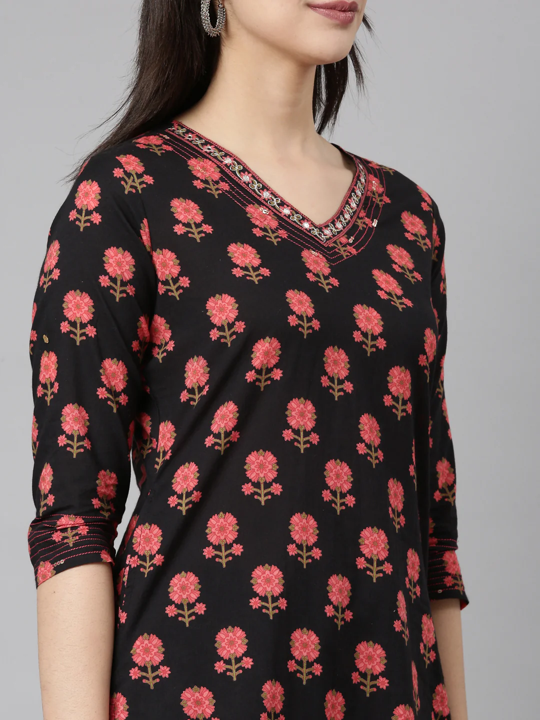 Neerus Black Regular Straight Floral Kurta And Trousers With Dupatta - Image 4