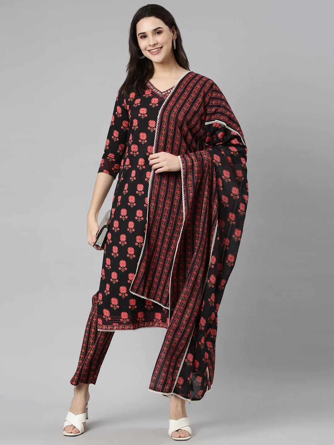 Neerus Black Regular Straight Floral Kurta And Trousers With Dupatta - Image 5