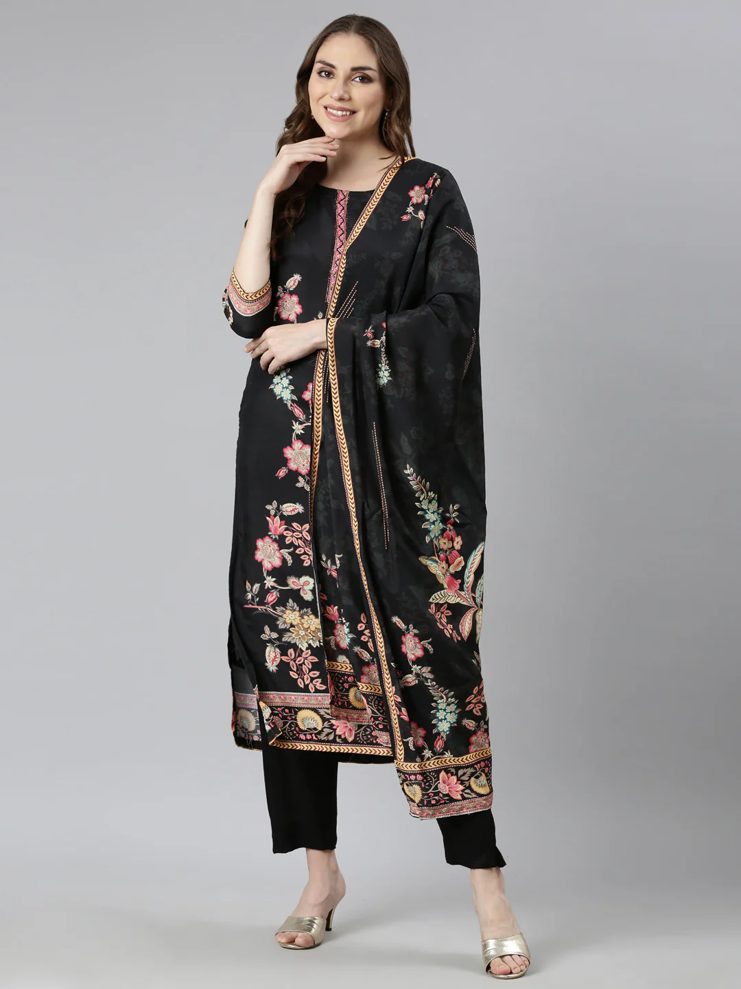 Neerus Black Regular Straight Floral Kurta And Trousers With Dupatta - Image 4