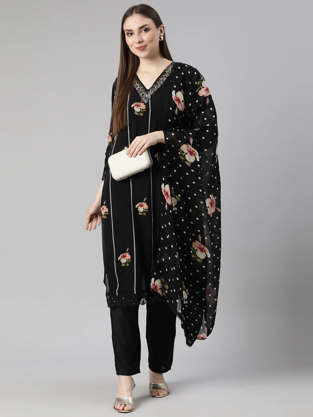 Neerus Black Regular Straight Floral Kurta And Trousers With Dupatta - Image 4