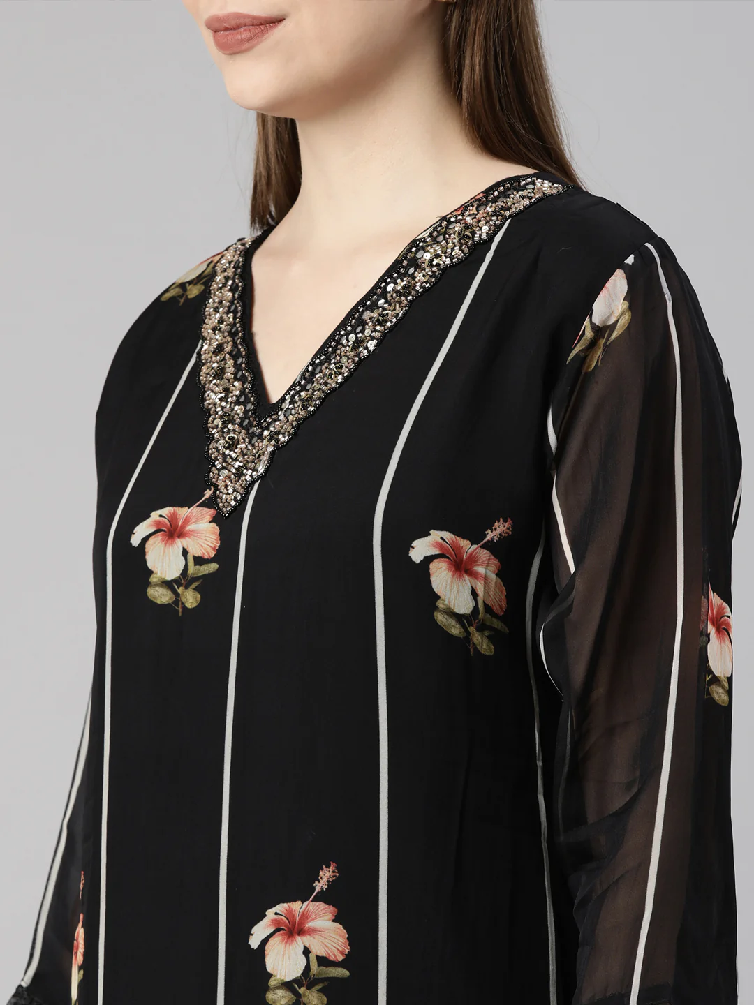 Neerus Black Regular Straight Floral Kurta And Trousers With Dupatta - Image 7
