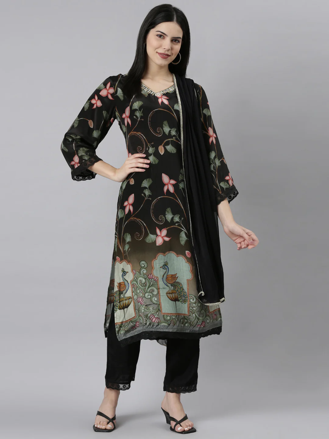 Neerus Black Regular Straight Floral Kurta And Trousers With Dupatta - Image 5