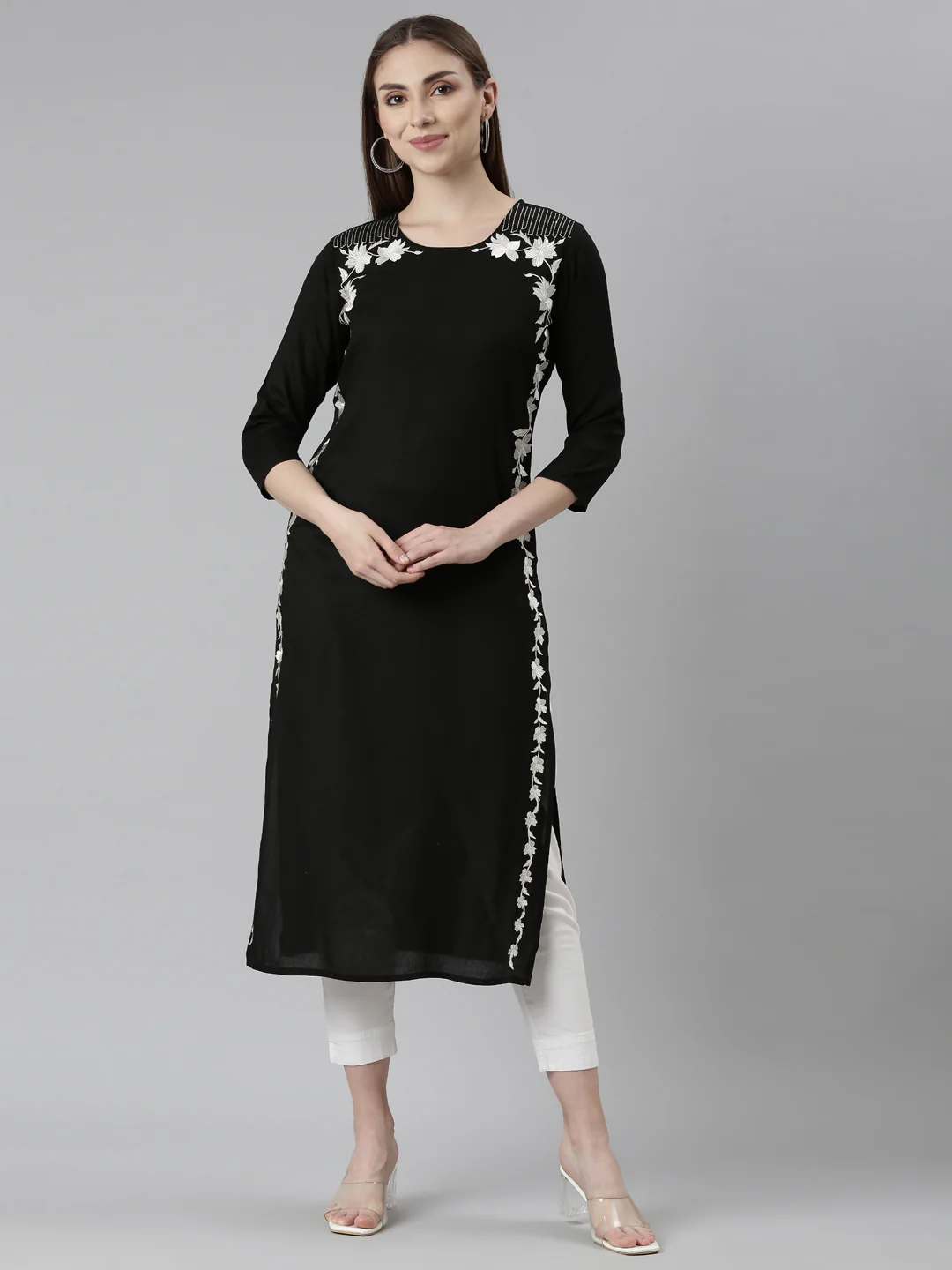 Neerus Black Regular Straight Floral Kurta