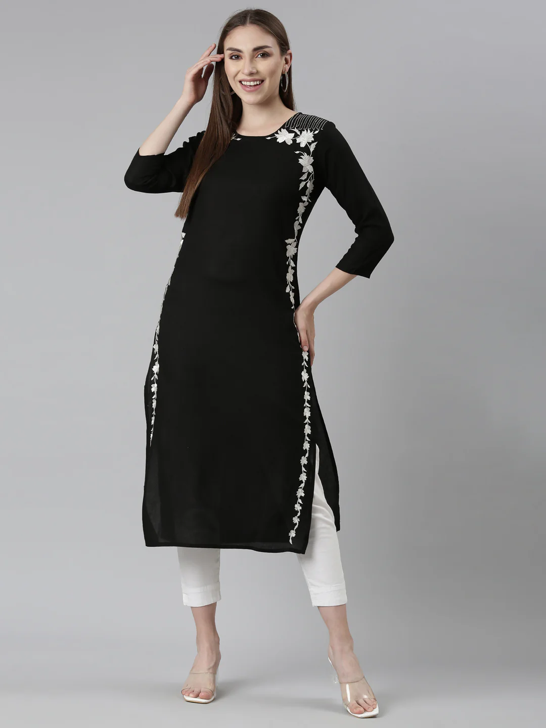 Neerus Black Regular Straight Floral Kurta - Image 5