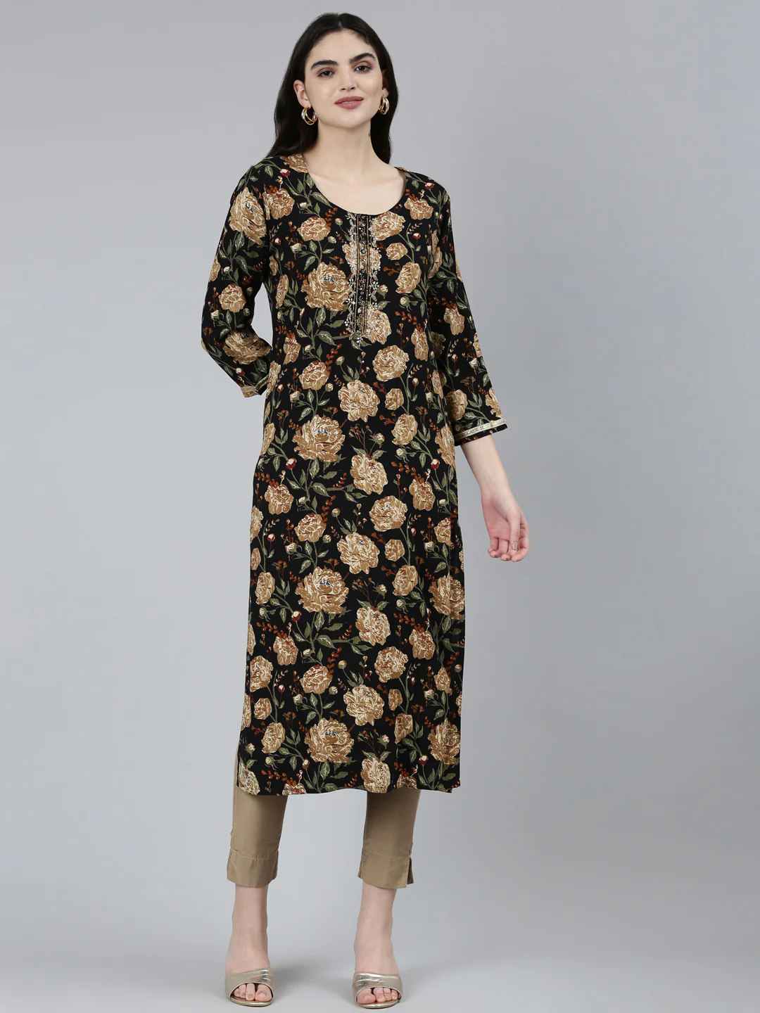 Neerus Black Regular Straight Floral Kurta