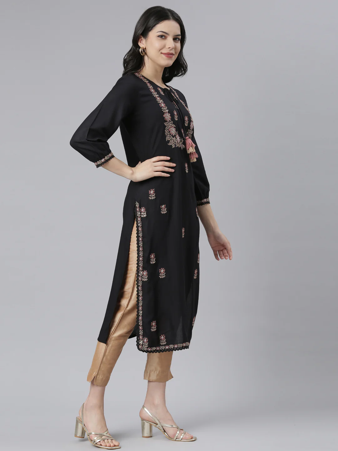 Neerus Black Regular Straight Floral Kurta - Image 2