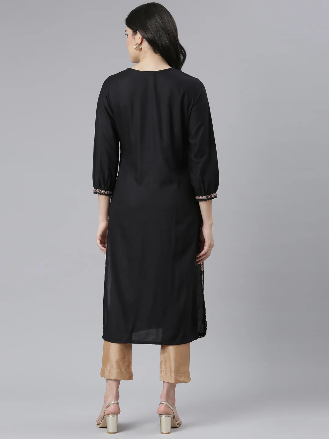 Neerus Black Regular Straight Floral Kurta - Image 3
